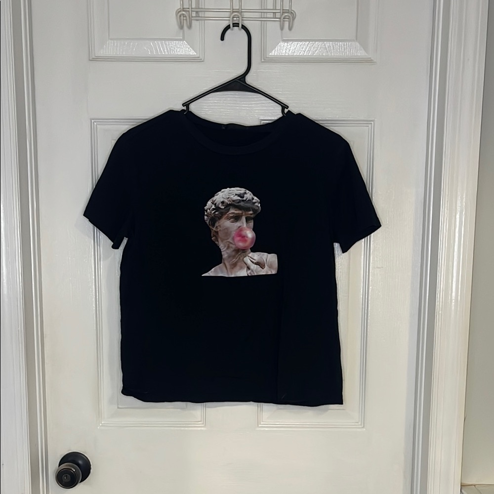 SHEIN Black Tee with Statue and Pink Bubblegum Print